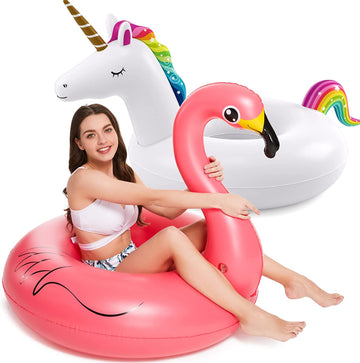 Inflatable Unicorn Flamingo Pool Floats - Jasonwell 2 Pack Pool Floaties Inflatables Rafts for Swimming Pool Tubes for Floating Lake Beach Floaty Swim Rings Pool Party Toys for Adults Kids - Jasonwell